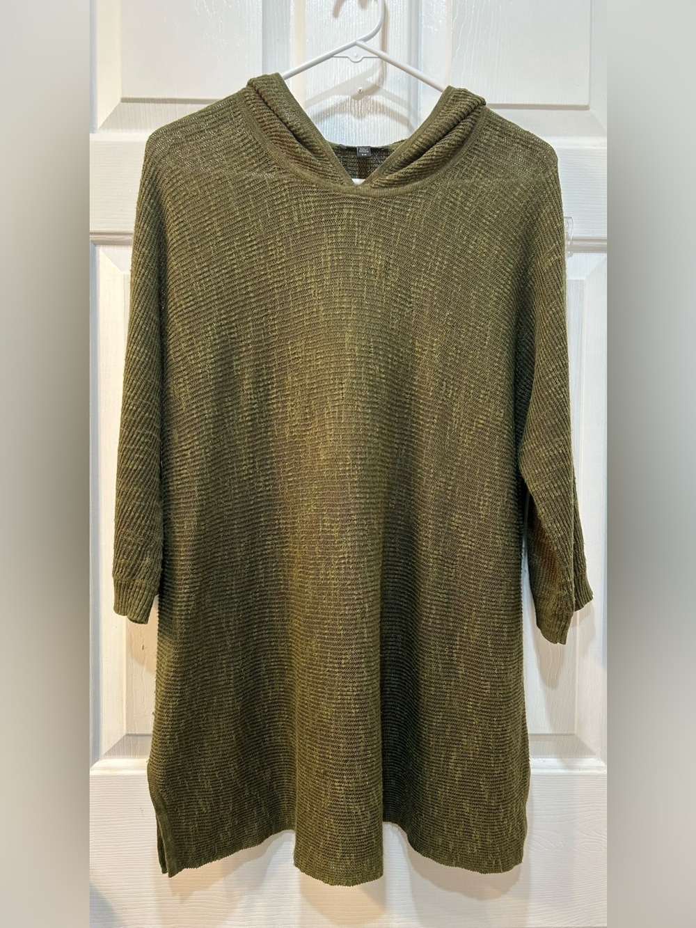 Eileen Fisher Green Organic Linen Cotton Open Knit Hooded Tunic Top Sweater Sz S
